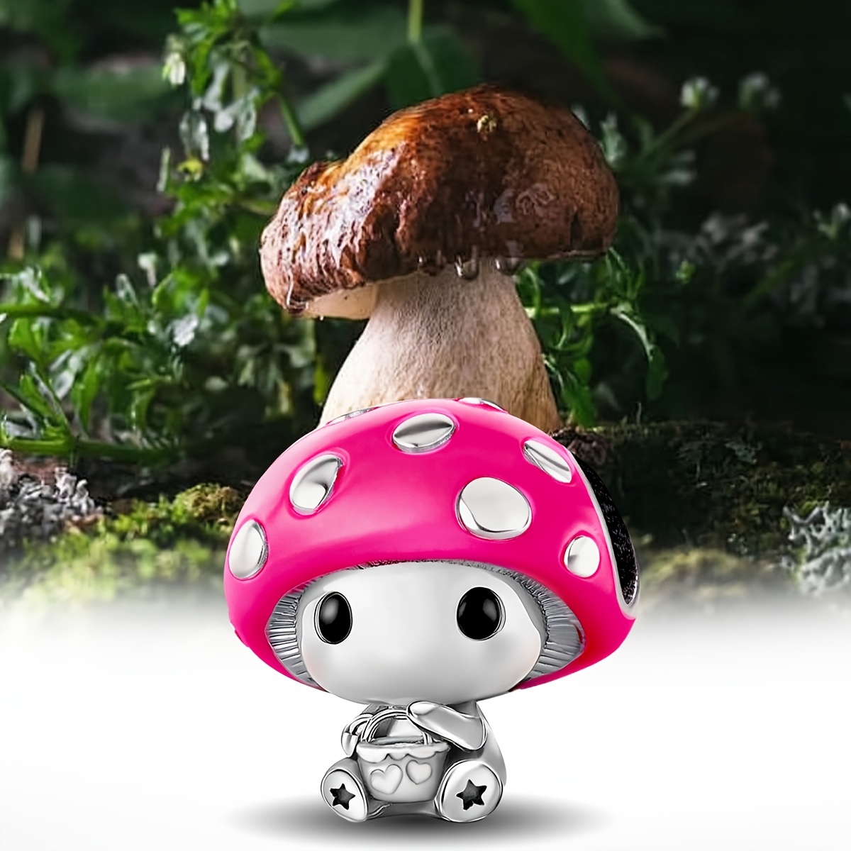 Women's 925 Silver Plated Mushroom Charm Pendant Beaded Bracelet